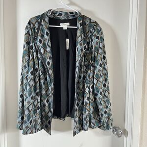 CJ Banks Women Sz 2X Top Jacker Cardigan Diamond Blue Gray Lined Open Front